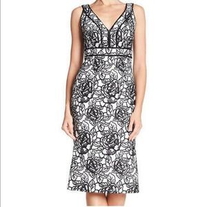 Carmen Marc Valvo Floral Embroidered Black and White Sequin Midi Dress SZ 2